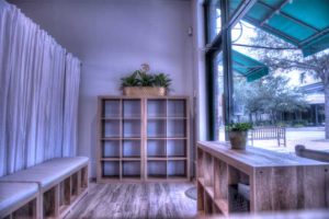 Reception area with cubbies for storage